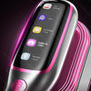 A close-up of a handheld garment steamer iron with various fabric icons displayed on the body.