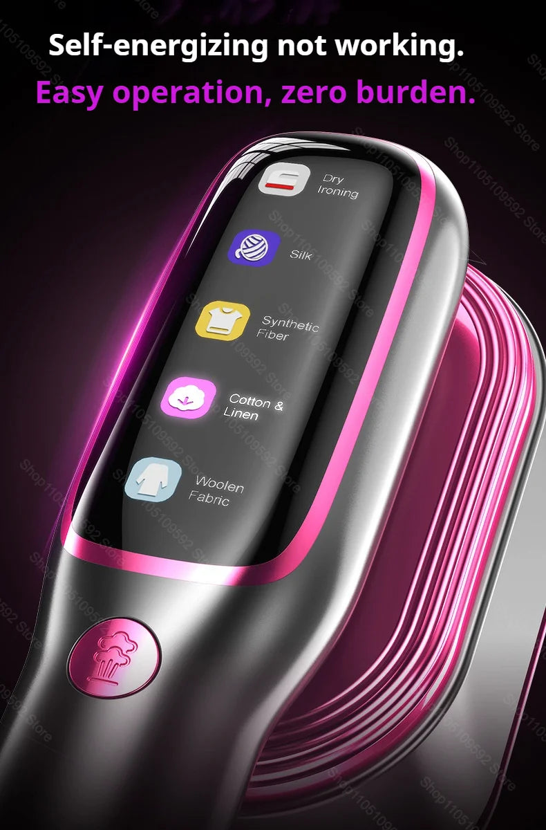 A close-up of a handheld garment steamer iron with various fabric icons displayed on the body.