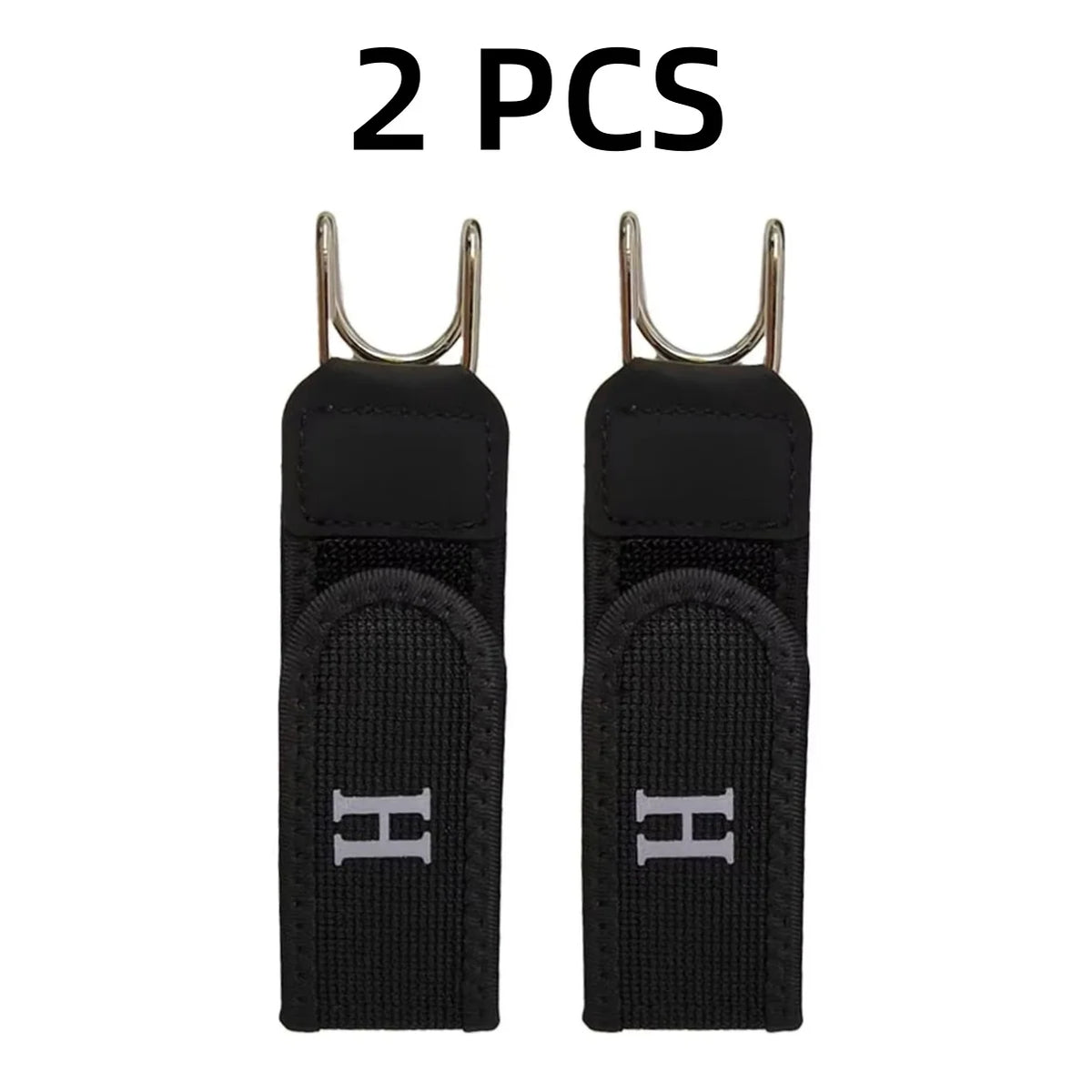 Two black adjustable buckleless belts for men displayed side by side.
