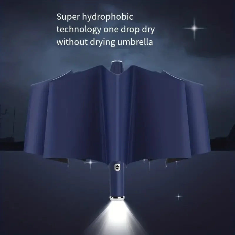 A dark blue umbrella is shown open, with a bright LED flashlight beam shining downwards.