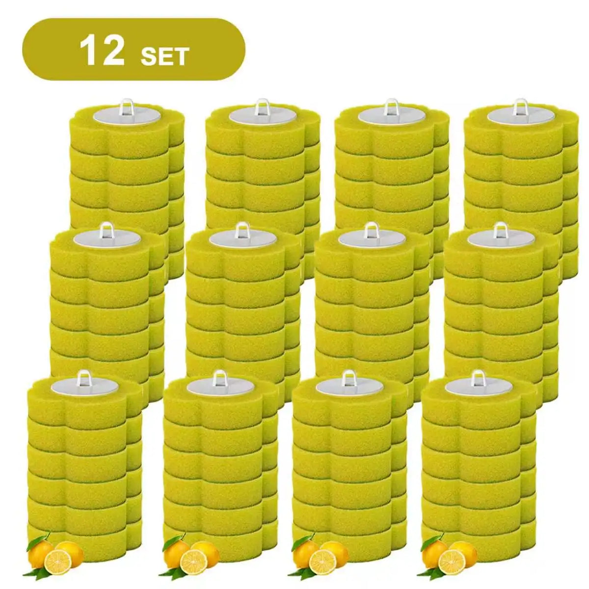 A set of twelve yellow disappearing toilet brushes with long handles and citrus fruits.