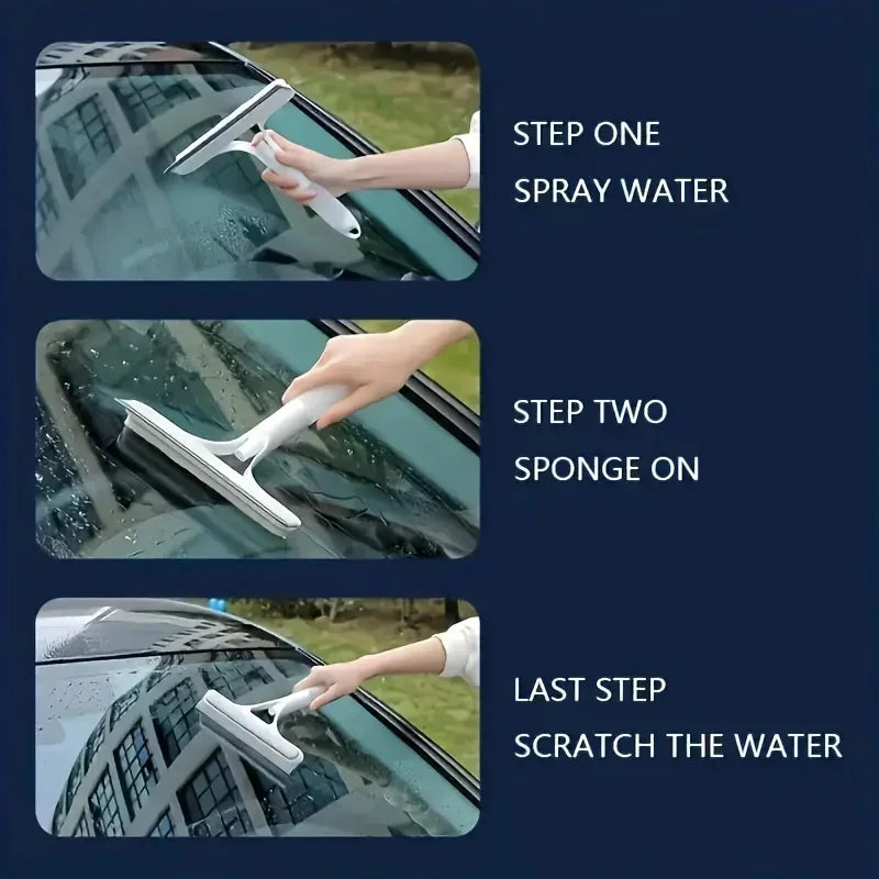 A three-step process showing how to clean a car window by spraying water, sponging, and scratching the water.