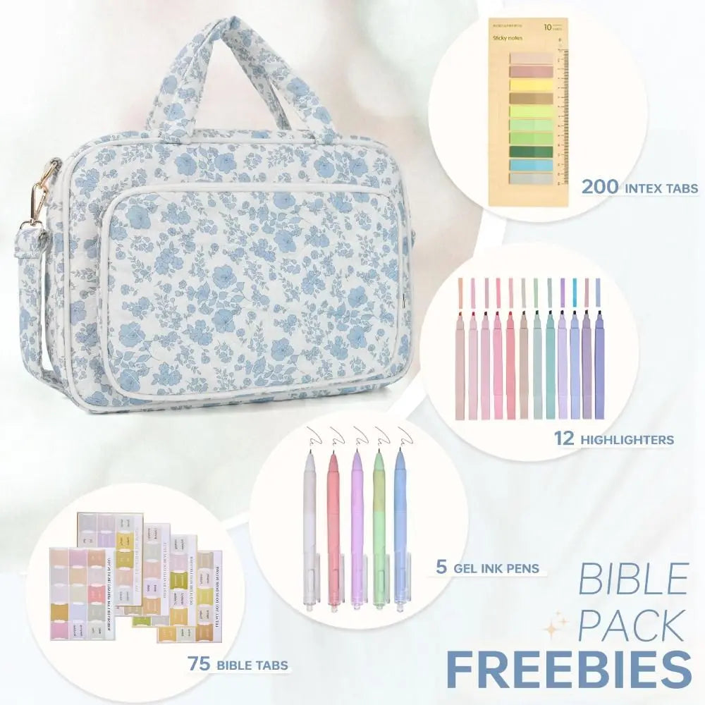 A light blue floral quilted Bible cover pack featuring 200 intex tabs, 12 highlighters, and 5 gel ink pens.