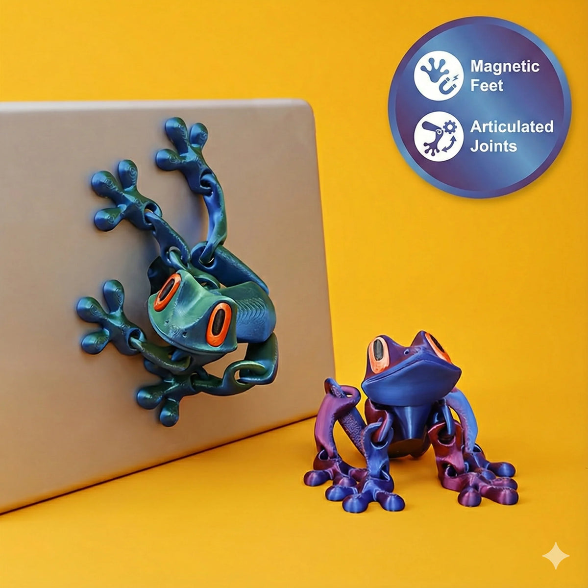 A small, colorful magnetic articulated frog fidget toy resting on a beige surface with an inset graphic.