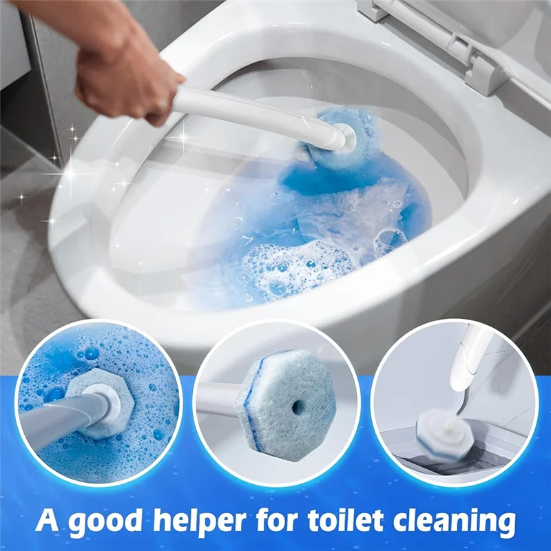 A hand is using a white toilet wand with blue foam refill heads for deep cleaning the inside of a toilet bowl.