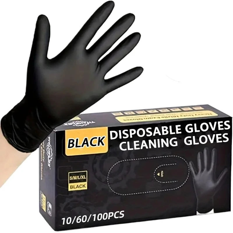Eine schwarze Einweg-Nitrile-Handschuhe wird in einer Box zur Reinigung gezeigt.