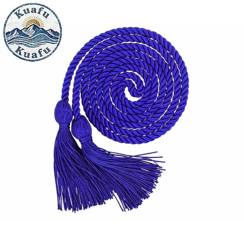 Blue graduation honor cord with tassel ends coiled and displayed next to a circular logo.