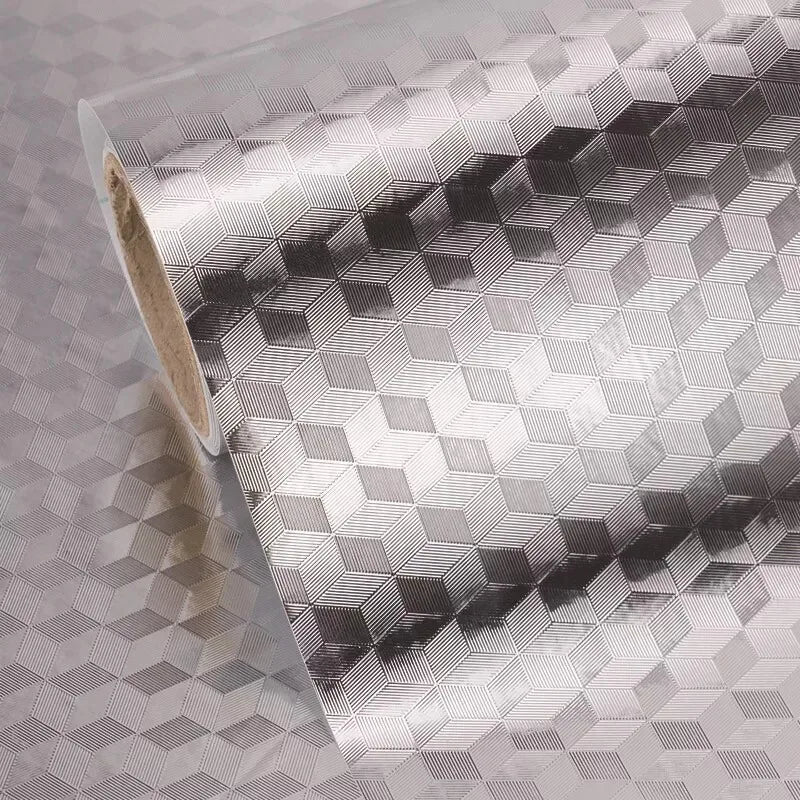 Roll of silver self-adhesive aluminum foil kitchen wall sticker with a geometric pattern