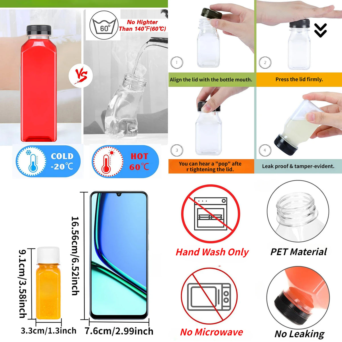 A set of leak-proof clear juice bottles with red and yellow liquid, demonstrating temperature resistance and safe handling.