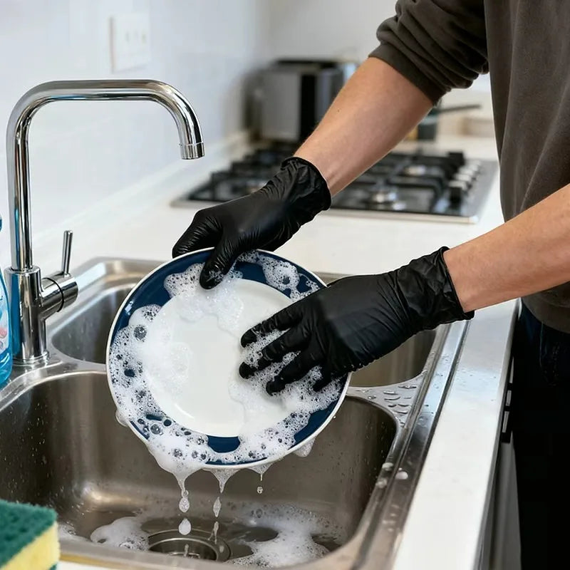 Eine Person mit schwarzen Nitrilhandschuhen spült einen blauen Teller mit Seife in einer Edelstahlspüle.