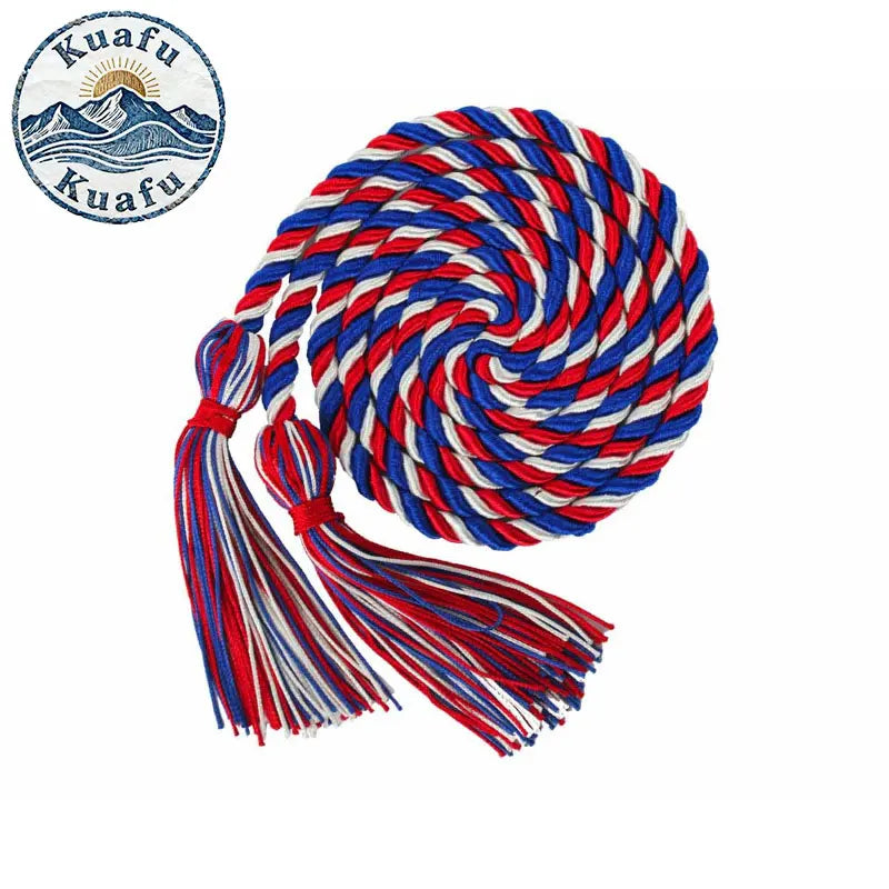 A graduation honor cord with red, white, and blue stripes and tassel ends, featuring a circular design.