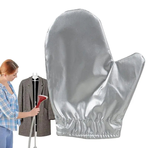 Silver heat resistant garment steamer mitt shown against a white background.