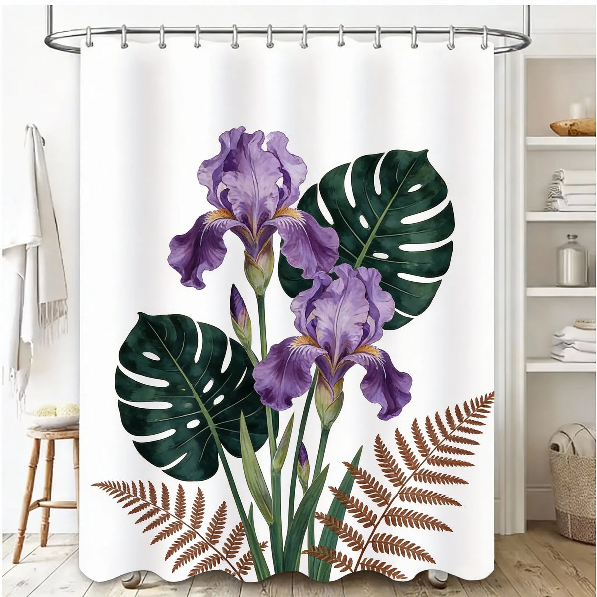 A shower curtain featuring a purple orchid and large green tropical leaves against a white background.