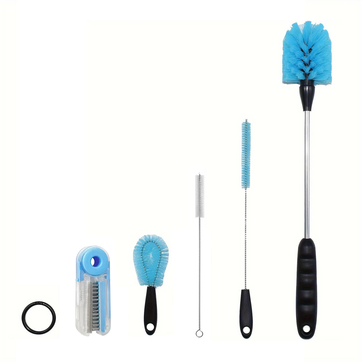 A set of three stainless steel bottle brushes with long handles, including a blue brush and two smaller brushes.