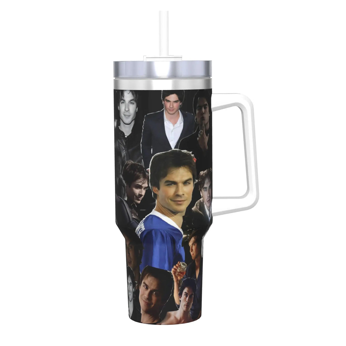 A stainless steel thermal tumbler with a straw featuring a collage of male actors.