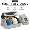 A silver hat storage box with a clear window and two-way zipper, showing organized hats inside.