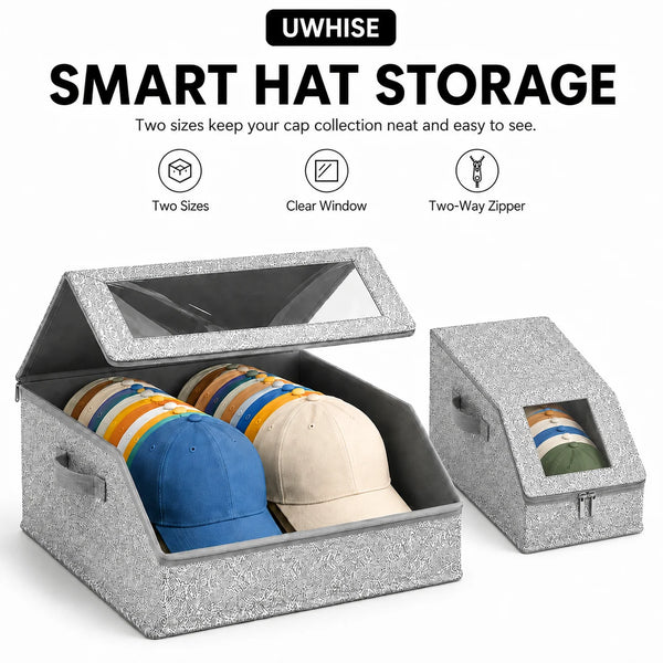 A silver hat storage box with a clear window and two-way zipper, showing organized hats inside.
