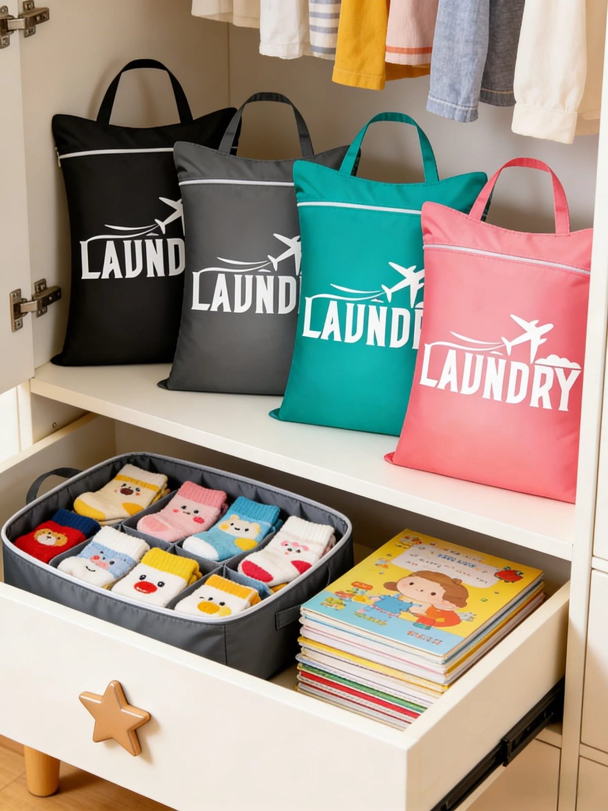 A collection of black, gray, teal, and pink fabric laundry bags hanging in a closet, with a storage box of folded items below