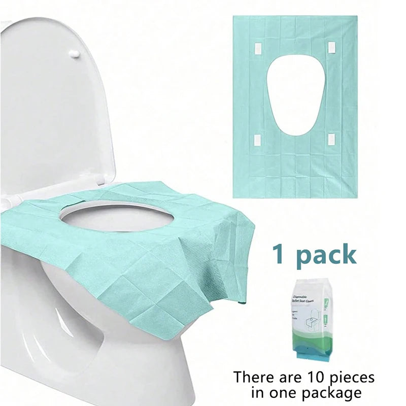 A package of disposable teal toilet seat covers shown next to a white toilet bowl.