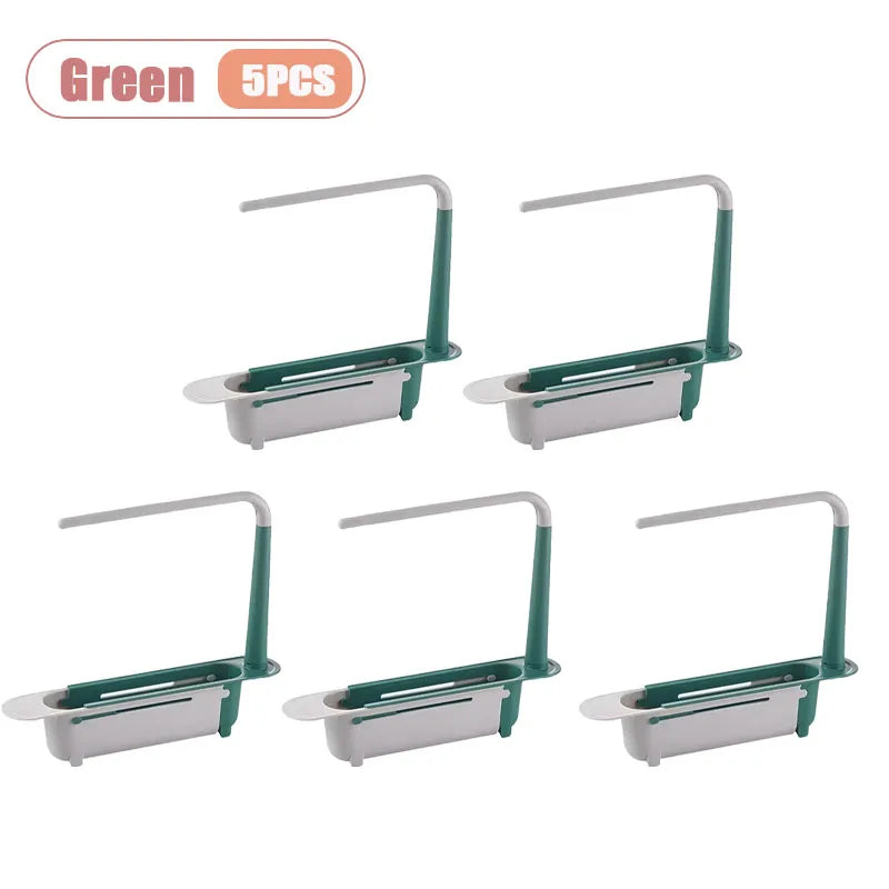 Green adjustable over-sink dish rack organizer with five pieces