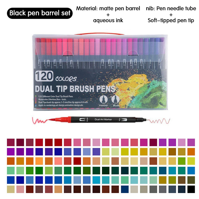 Ein Set von 120 Doppelspitzen-Brush-Stiften in verschiedenen Farben, angeordnet in einer Farbpalette.