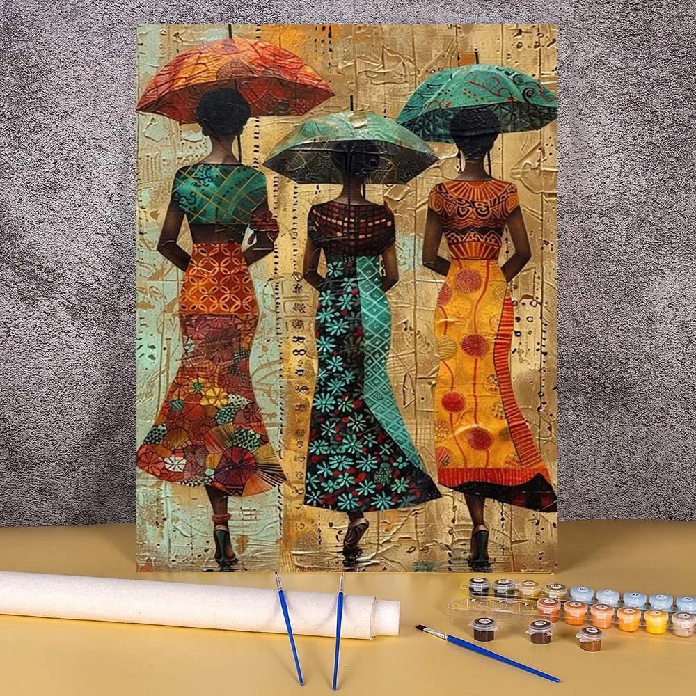 Three women in colorful traditional attire hold umbrellas against a textured background.