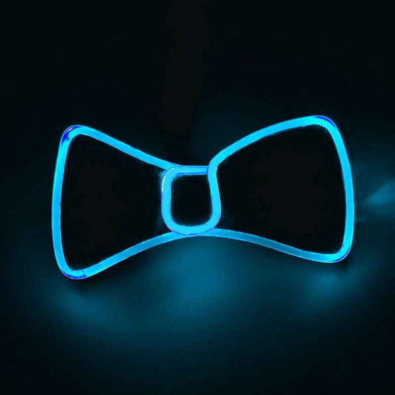 A glowing blue LED light-up bow tie accessory for cosplay