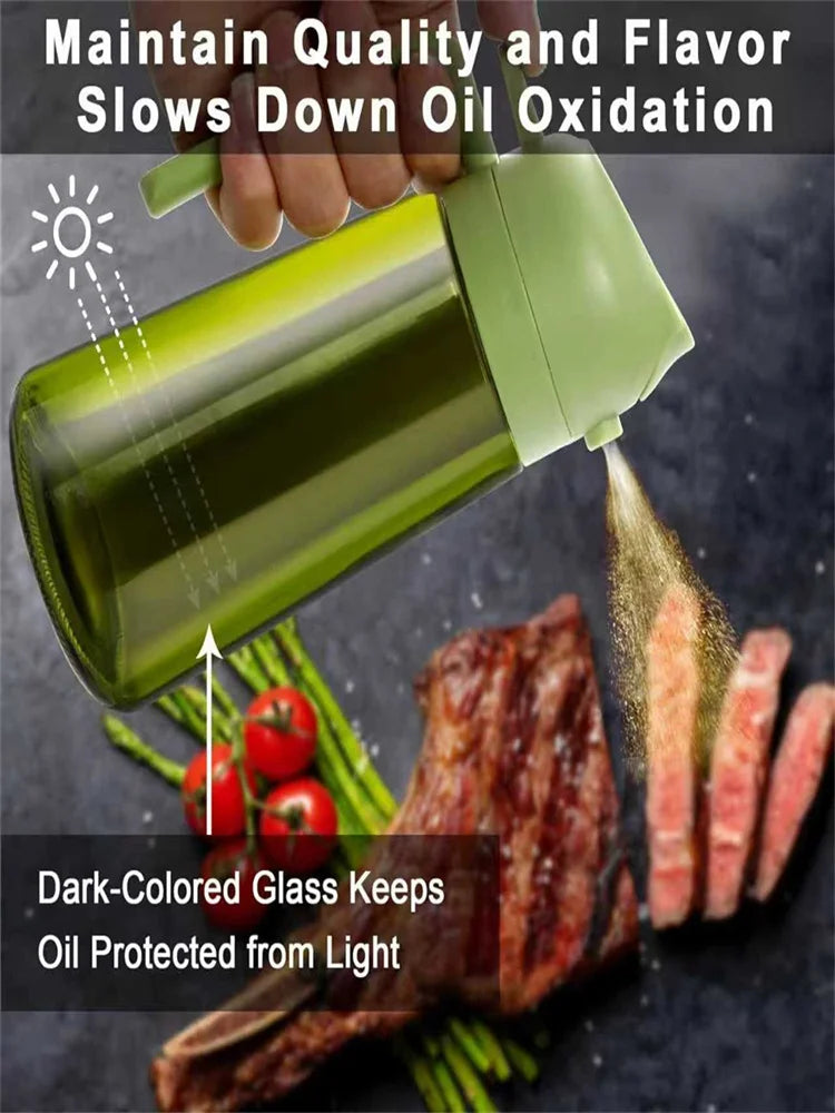 A hand is dispensing olive oil from a green glass bottle onto meat, demonstrating how dark-colored glass protects oil from li