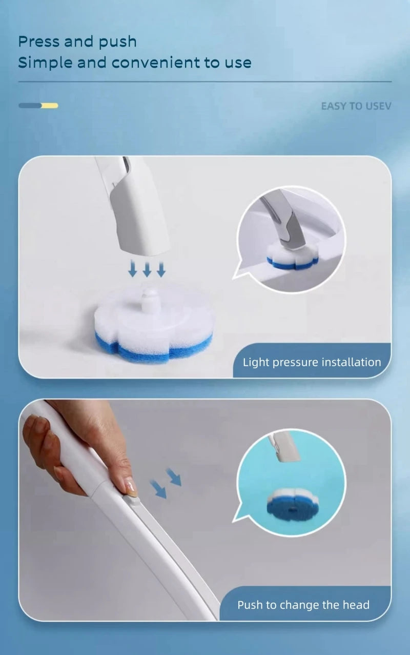 A reusable toilet cleaning brush kit showing light pressure installation and a push mechanism to change the head.