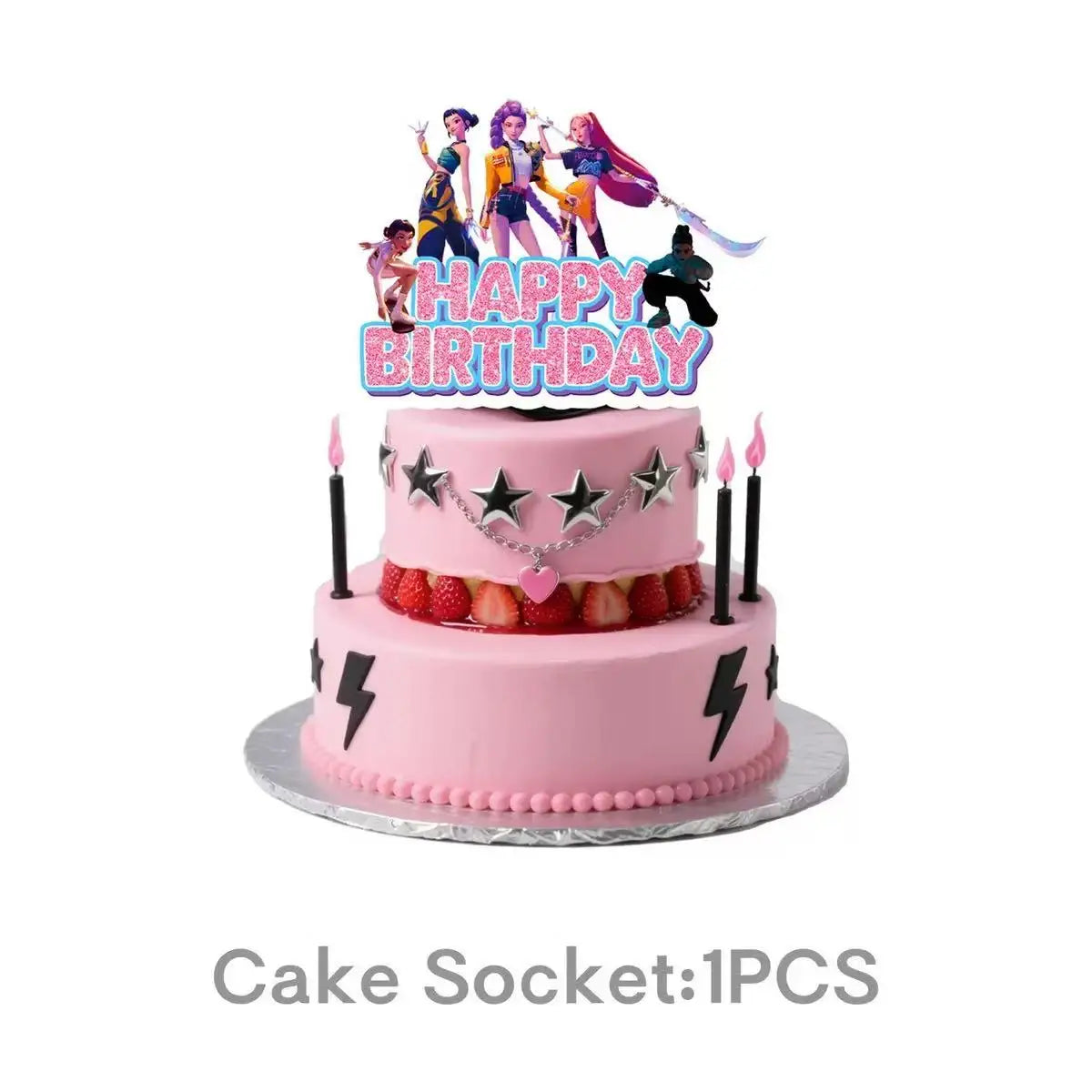 A pink birthday cake decorated with K-Pop themed figurines and a Happy Birthday topper.