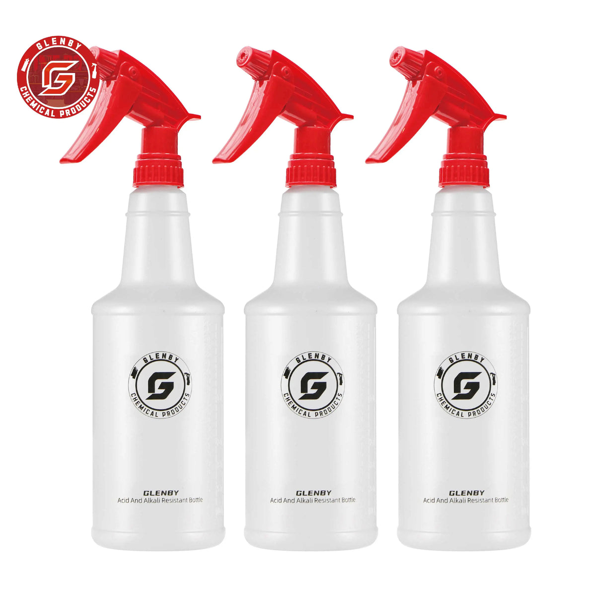 Ein Set aus drei roten Plastiksprayflaschen mit schwarzen und silbernen Etiketten für Reinigungsprodukte.