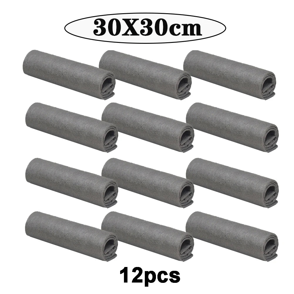 Twelve rolls of gray thickened microfiber cleaning cloths, each measuring 30x30cm.