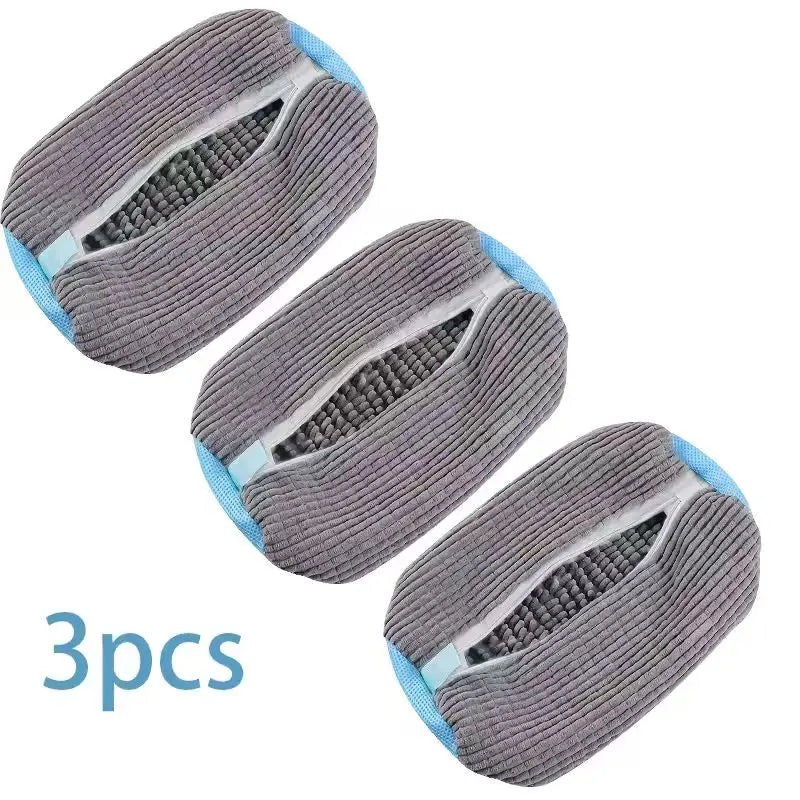 Three reusable gray shoe washing bags with an invisible zipper.