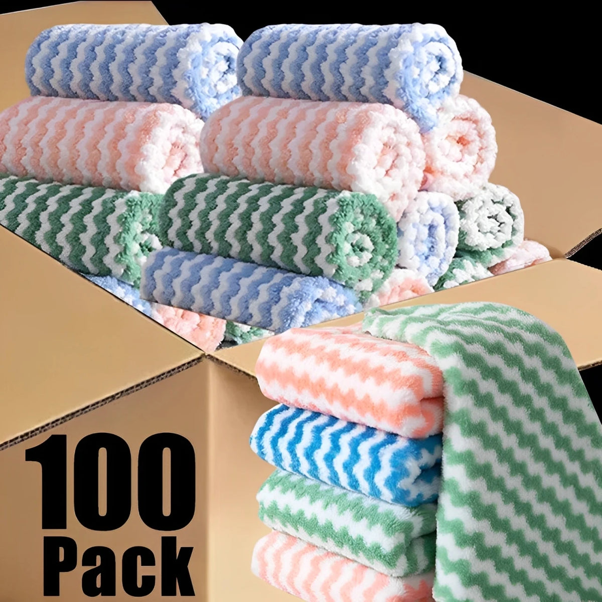 A box of 100 pack thickened coral velvet cleaning cloths in various colors like pink, blue, and green.