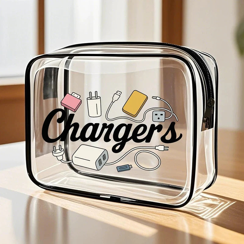 A clear plastic portable storage pouch with a black zipper, featuring line drawings of various electronic chargers and cables