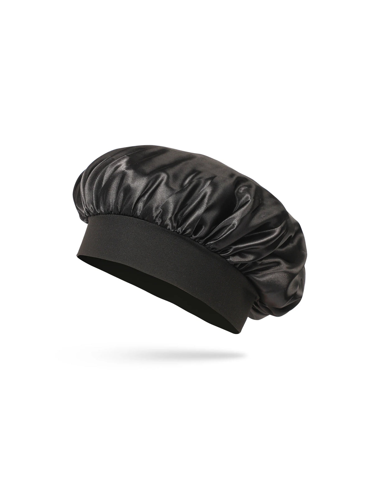 Black satin sleep bonnet for toddlers shown from the side.