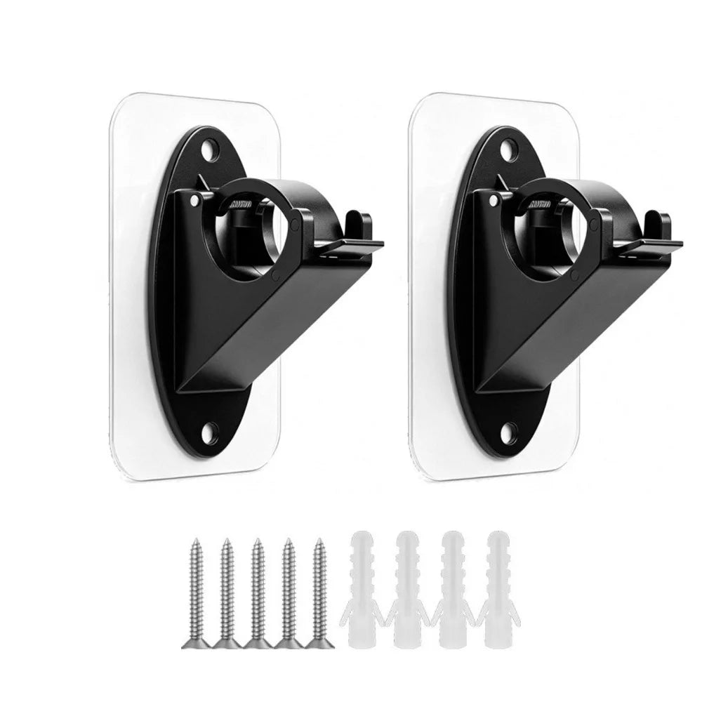 Two black heavy duty dual use curtain rod brackets with mounting plates and threaded rods.