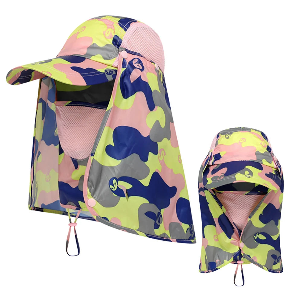 A pink and green camouflage UV protection fishing sun hat shown in an open and closed view.