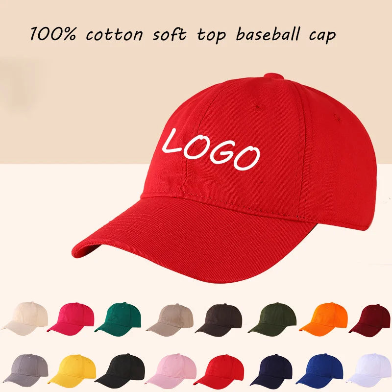 Red cotton baseball cap with white logo shown from the top and side views.
