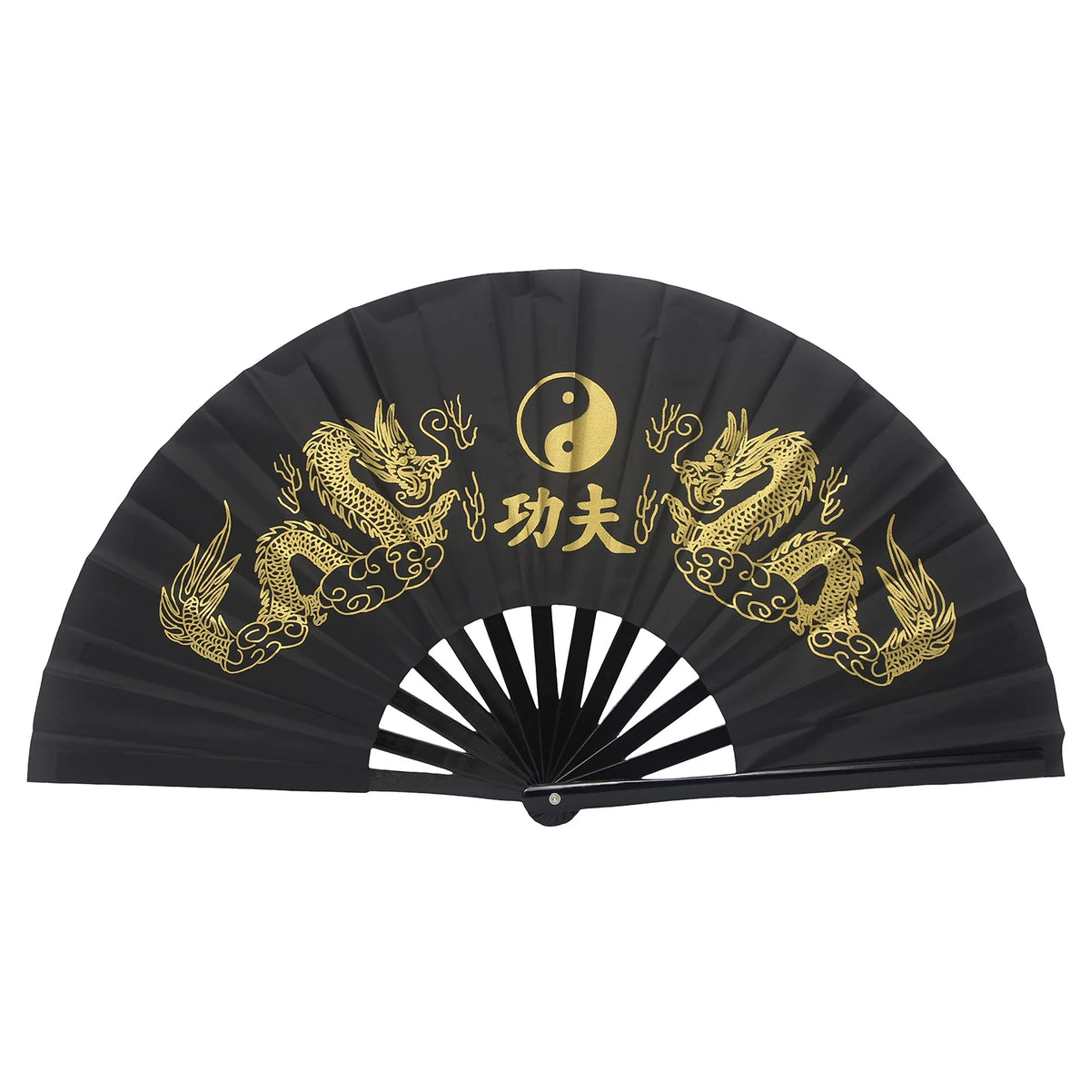 Un éventail de martial arts en bambou noir décoré de dragons d'or et d'un symbole yin-yang.