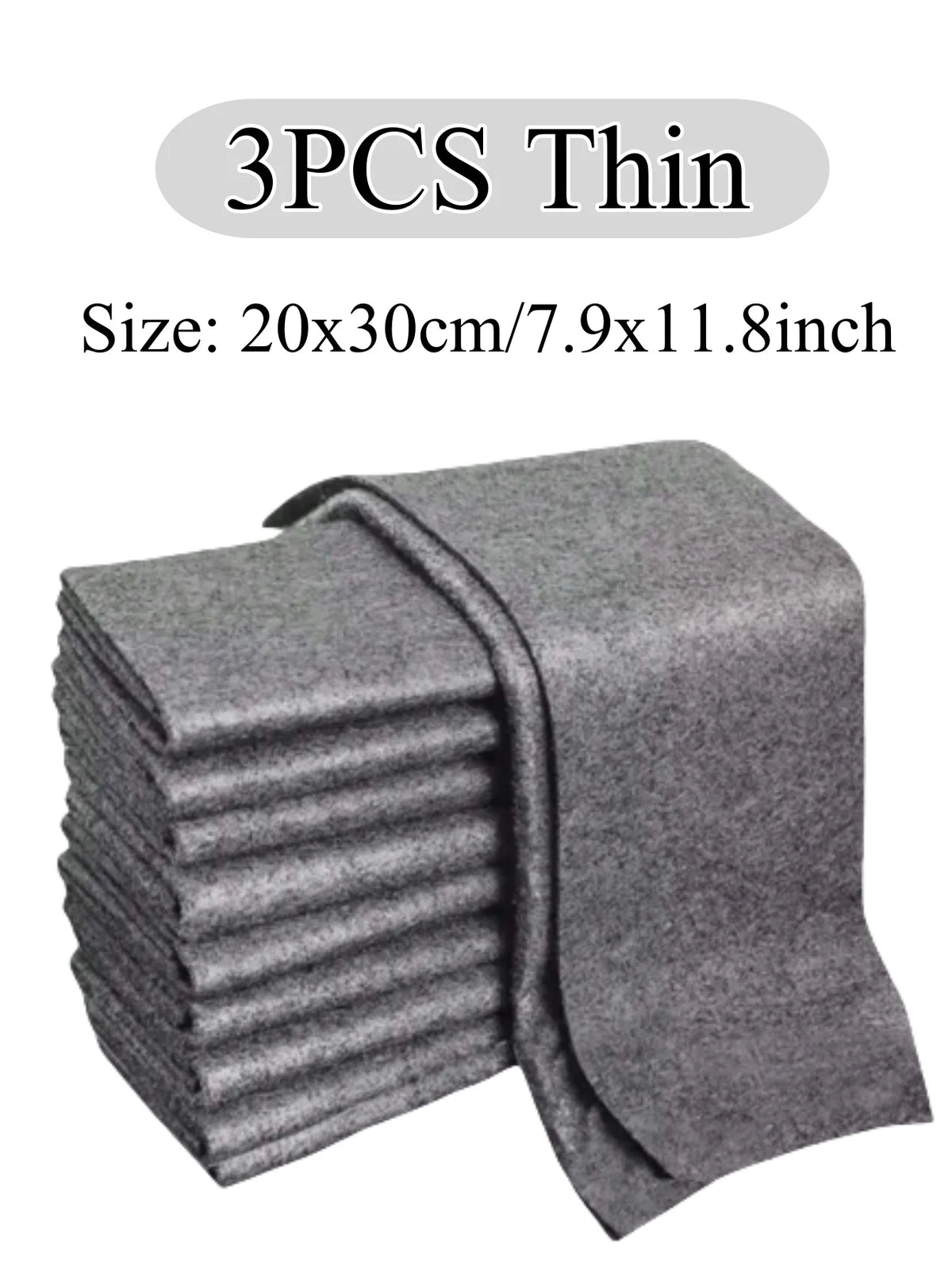A stack of three thin gray microfiber cleaning cloths, measuring 20x30cm.