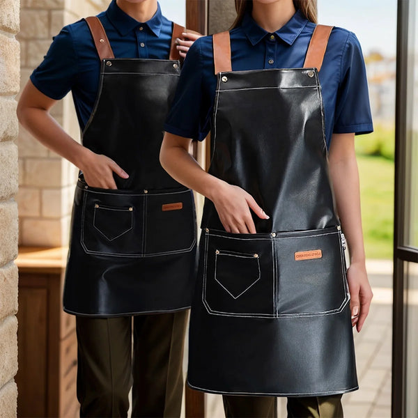 Two women wearing black PU leather aprons with multi-pocket designs standing indoors.