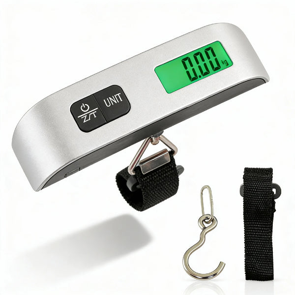 Balanza digital portátil plateada para equipaje mostrando 0.00 kg, con correa colgante.