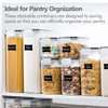 A set of five clear, stackable plastic containers filled with dry goods like spaghetti, flour, pasta, biscuit, and corn flake