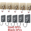 A set of five black self-adhesive rotating wall hooks shown in various angles.