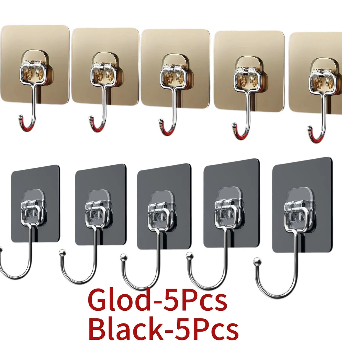 A set of five black self-adhesive rotating wall hooks shown in various angles.