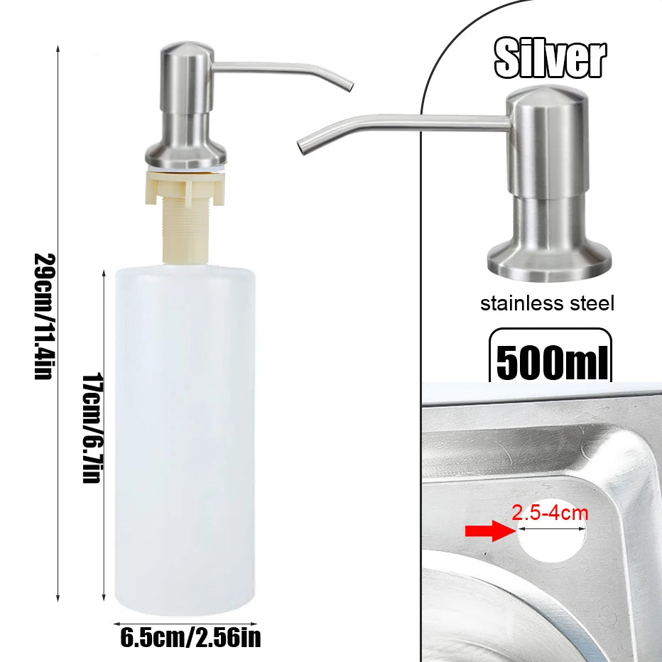 Silber Edelstahl-Spülbecken-Seifenspender mit 500ml Fassungsvermögen und 2,5-4cm Öffnung.