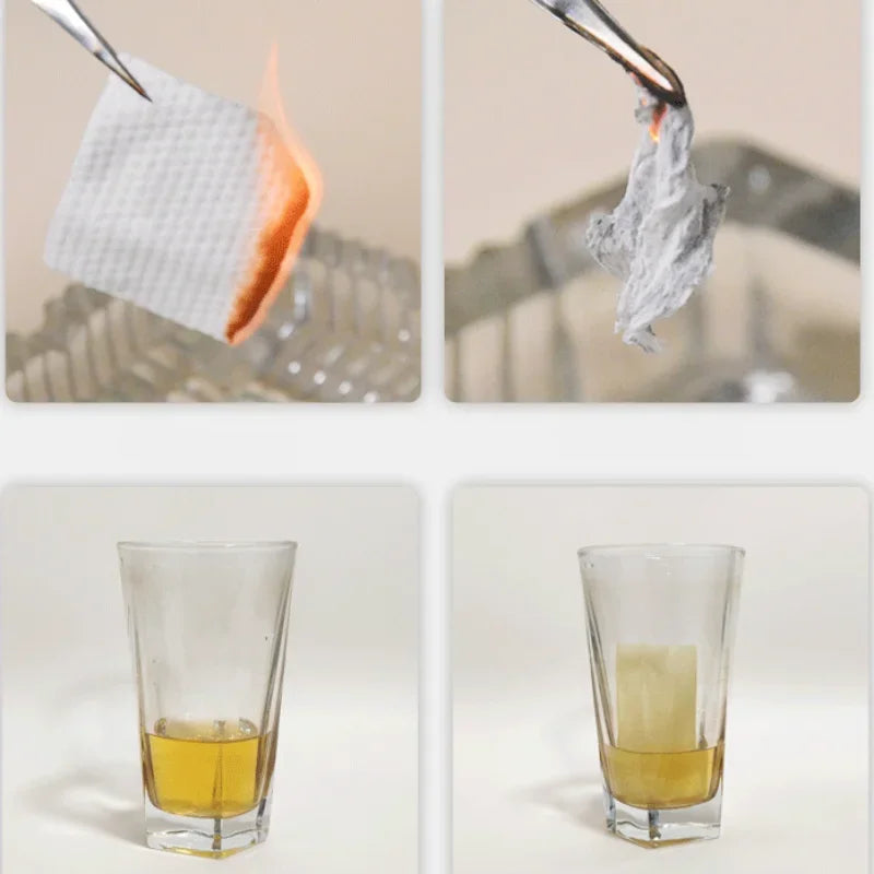 A set of disposable facial cleansing wipes and a glass containing yellow liquid.