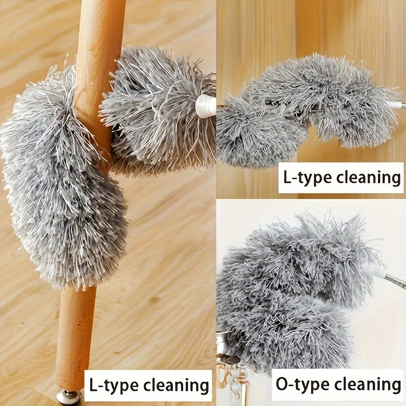 Extendable microfiber duster with bendable head shown in L-type and O-type cleaning configurations