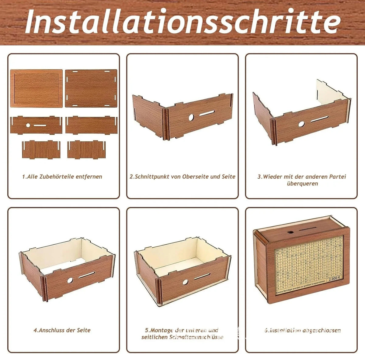 Installation steps for a reusable wooden piggy bank showing disassembly and assembly process